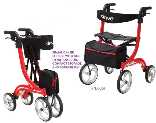 Drive Medical RTL10266 Nitro Euro-Style 4-Wheel Rollator Walker with Seat, Red